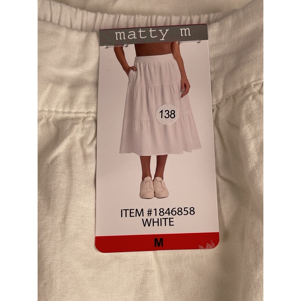 Matty M Women White Tiered Midi Skirt Elastic Waist Pockets 1846858 Size M NWT